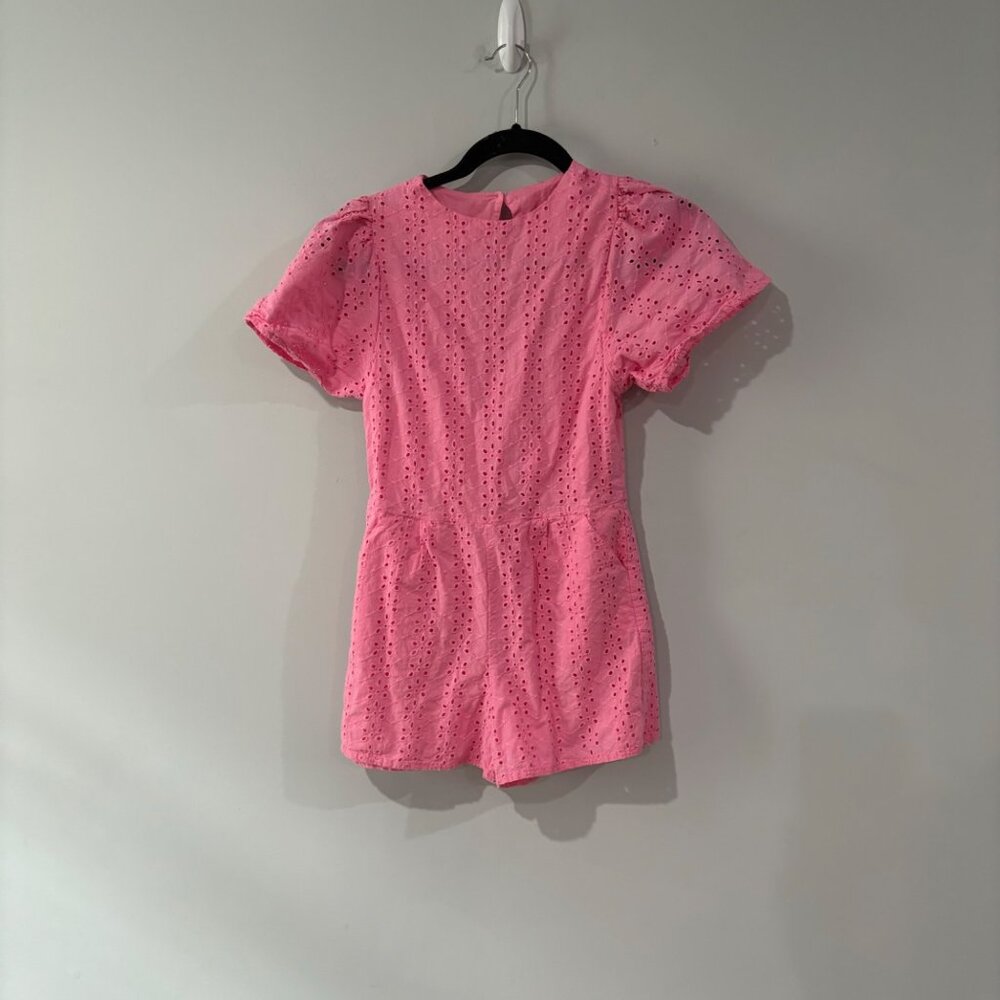 Janie and Jack Eyelet Flutter Sleeve Pink Romper with Pockets, Size 12